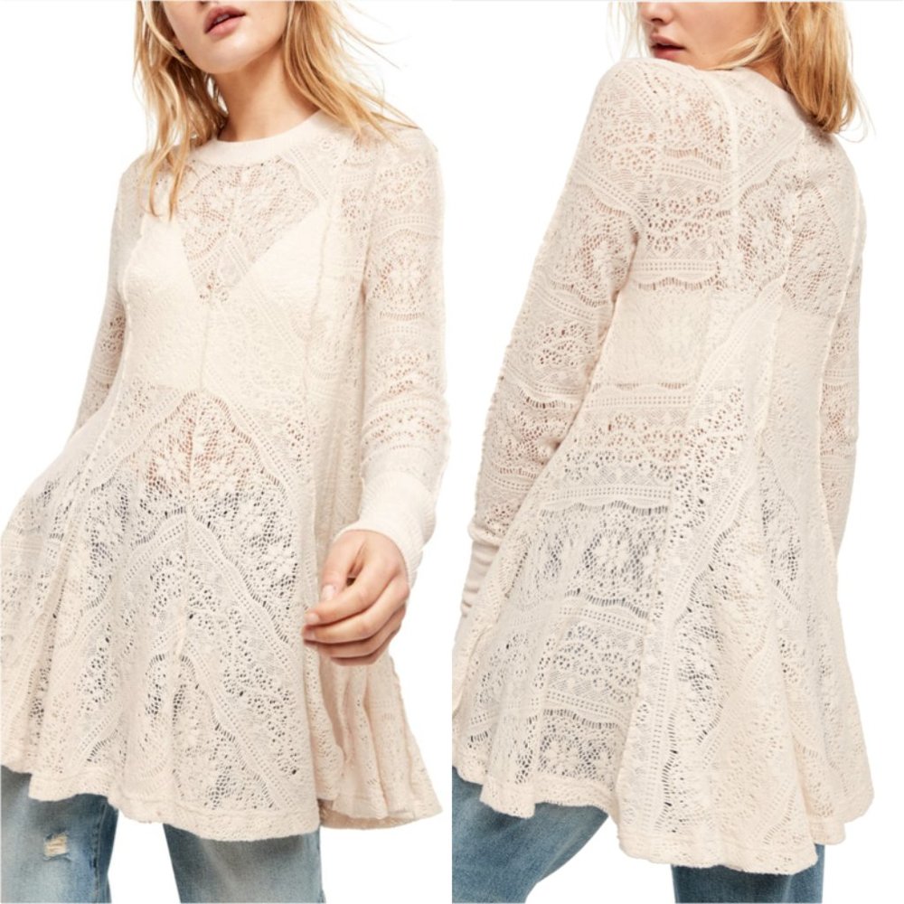 FREE PEOPLE LACE RIBBED TRIM TUNIC SWEATER